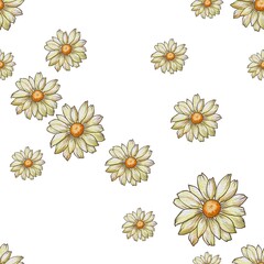 Yellow daisies forms a seamless pattern, creating a bright and sunny design for wallpaper manufacturers, textile production or children products such as apparel, nursery decor, or wrapping paper