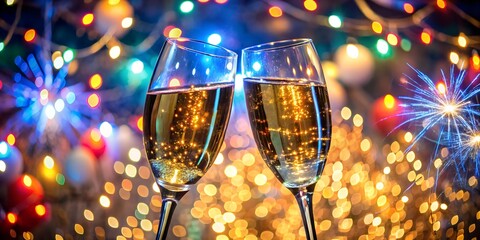 Two champagne glasses clink together, celebrating the New Year amidst a backdrop of colorful LED lights and sparkling decorations, capturing the festive atmosphere