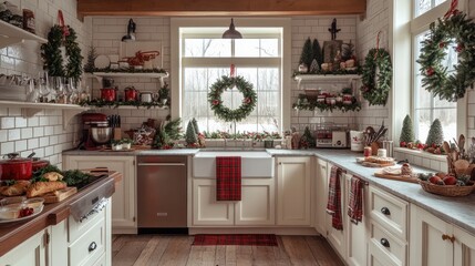 A farmhouse kitchen decorated for Christmas, with wreaths hanging from cabinet doors, festive towels, and a baking setup for holiday treats