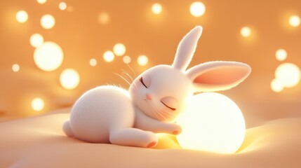 Wall Mural - A cute white bunny sleeps peacefully on a soft surface, illuminated by warm lights.