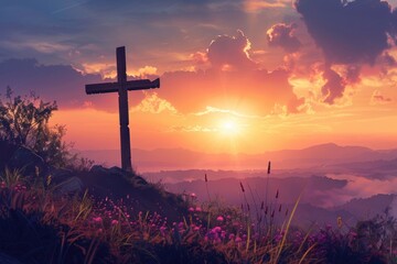 Easter concept  Cross silhouette on Calvary mountain at sunset.