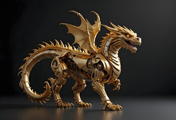 A gold color robotic dragon is isolated on a dark background.