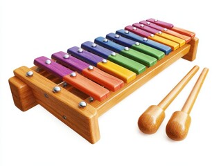 A colorful wooden xylophone with mallets, perfect for teaching music or enhancing childhood creativity and development, white background