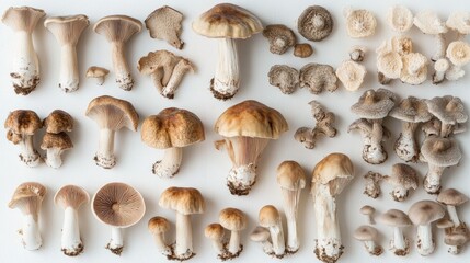 A top view of Eringi mushrooms arranged in a pattern on a white surface, showcasing their varying sizes and textures in an organized display.