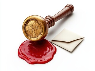 A vintage wax seal stamp resting on a pool of red wax beside an envelope, evoking a classic and elegant correspondence style, white background