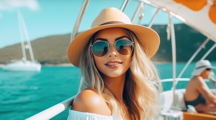 Wall Mural - Summer Vacation, Woman in Hat & Sunglasses on a Boat