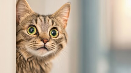 Canvas Print - A cat peeking out from behind a wall with green eyes, AI