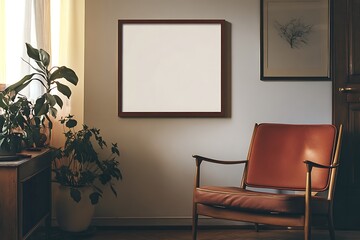 Poster - Blank Square Frame Mockup in Mid Century Modern Living Room