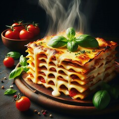 Wall Mural - A classic Italian lasagna, with layers of bubbling cheese and pasta, topped with fresh basil. The steaming dish sits on a wooden surface, exuding warmth and comfort, perfect for a cozy dinner.. AI