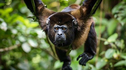 Wall Mural - A close-up of a howler monkey swinging from vine to vine in a dense tropical forest