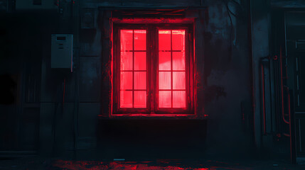 Red light from the window. the red window shines mystically at night. mysterious red window. generative ai. Neon District. Illustration