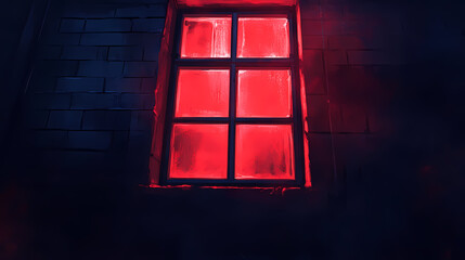 Red light from the window. the red window shines mystically at night. mysterious red window. generative ai. Neon District. Illustration