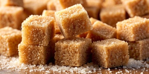 Close-up of Brown Sugar Cubes, Macro Photography of Sweet Treats, Sugar Crystal Texture, Sugar, Cube, Sweet