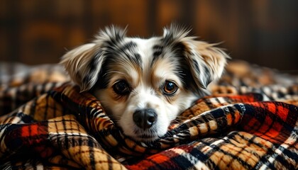 Wall Mural - Cozy pets snuggled under a plaid blanket, bringing warmth and joy during cold autumn and winter days