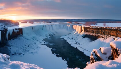 Wall Mural - Winter sunrise panorama featuring a majestic waterfall adorned in heavy snow and ice.