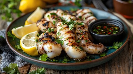 A vibrant plate of grilled squid garnished with fresh herbs, lemon wedges, and a side of dipping sauce, set against a rustic wooden table for a delicious presentation.