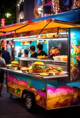 vibrant food truck meals served bustling street colorful dishes lively atmosphere, cuisine, vendor, outdoor, dining, city, gourmet, fresh, ingredients