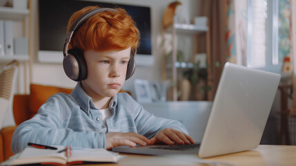 A red head school boy in headphones during online lesson at home site at laptop listen to the teacher and makes notes in notebook sitting at the work. Online lesson, distance learning, home schooling.