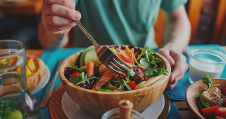 Close-up of a fork held by a man eating a salad in a wooden bowl