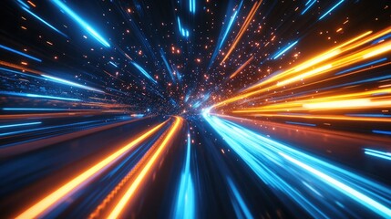 Abstract background with glowing blue and orange lines, representing speed, movement, and energy.