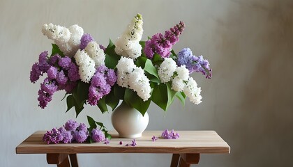 Charming lilac bouquet in a vase with a beautiful white table setting, showcasing violet and white blooms against a serene wall background, perfect for messages and inspirations.