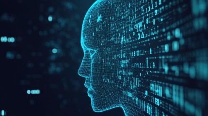 A digital human head made of binary code, with blue highlights, against a blue and black background.