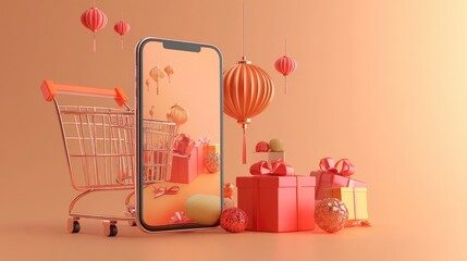 Wall Mural - A shopping cart, a smartphone, and gift boxes with red lanterns in the background.