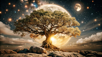 majestic magic tree under starry night sky with glowing moon, creating serene and enchanting atmosph