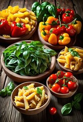 colorful pasta dishes showcasing fresh vegetables herbs arranged rustic wooden table, produce, vibrant, ingredients, food, culinary, plate, delicious, healthy