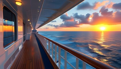 Wall Mural - Serene sunrise view from luxury cruise ship deck over tranquil sea, epitomizing vacation travel bliss.