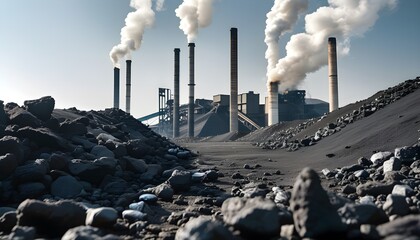 Wall Mural - Coal Industry’s Environmental Challenges Amidst Black Coal Backdrop with Industrial Chimneys and Emission Concerns