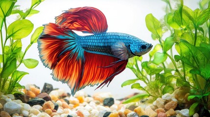 An elegant betta fish showcasing its colorful tail and fins, floating among aquatic plants in a well-lit aquarium, set against a clean white backdrop