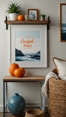 Poster - White poster mockup on shelf with coastal decor and orange-blue accents