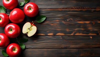 Wall Mural - Rustic red apples on a dark wooden backdrop with ample space for text above