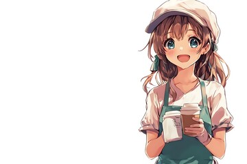 Cute anime girl with brown hair and green eyes holding a coffee cup, white background