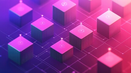 Abstract digital network with glowing cubes in purple and pink gradient.