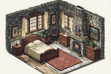 Canvas Print - Cozy Stone Bedroom Interior Design with Fireplace and Wooden Furniture