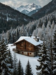 Poster - Wooden chalet in the Alps with snowy treetops.