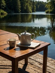 Wall Mural - Wooden table with teapot and book by a sunlit lake.