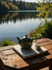 Wall Mural - Wooden table with teapot and book by a sunlit lake.