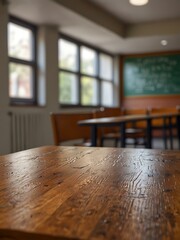 Poster - Wooden tabletop with a blurred classroom background