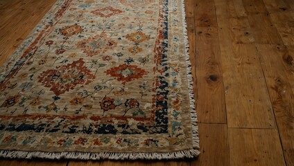 Wall Mural - Wool rug on a wooden floor, showing its worn texture.