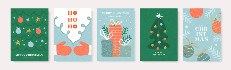 Set of Christmas and New Year greeting cards. Modern abstract design with hand drawn images christmas tree, santa beard and mittens, gift boxes. Xmas poster, cover, flyer design. Simple flat style.