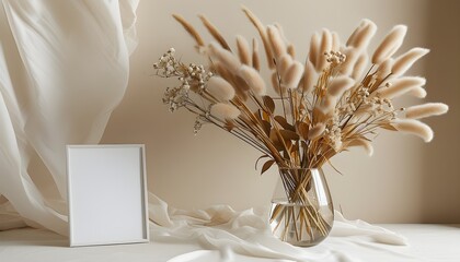 Wall Mural - Minimalist canvas mockup adorned with a bouquet of fluffy pom-pom plants in a clear glass vase against a soft beige backdrop