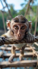 A close-up shot of a monkey gazing upwards, capturing the animal’s expressive eyes and detailed fur in a tropical environment.