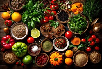 Wall Mural - vibrant showcase colorful food ingredients featuring fresh grains arranged beautiful layout, vegetables, fruits, spices, herbs, freshness, arrangement