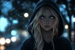© atar - Mysterious Anime Girl with Glowing Blue Eyes in a Dark City Night
