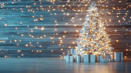 Wall Mural - Christmas tree decorated with gold and beige ornaments, surrounded by wrapped gifts, warm string lights in the background. Festive holiday concept.