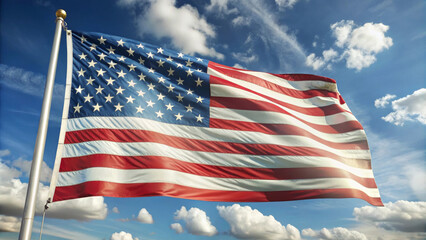 American flag waving in wind against bright blue sky with fluffy clouds, symbolizing freedom and patriotism