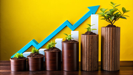 This image showcases vibrant growth concept with potted plants representing progress against bright yellow background. upward graph symbolizes success and development